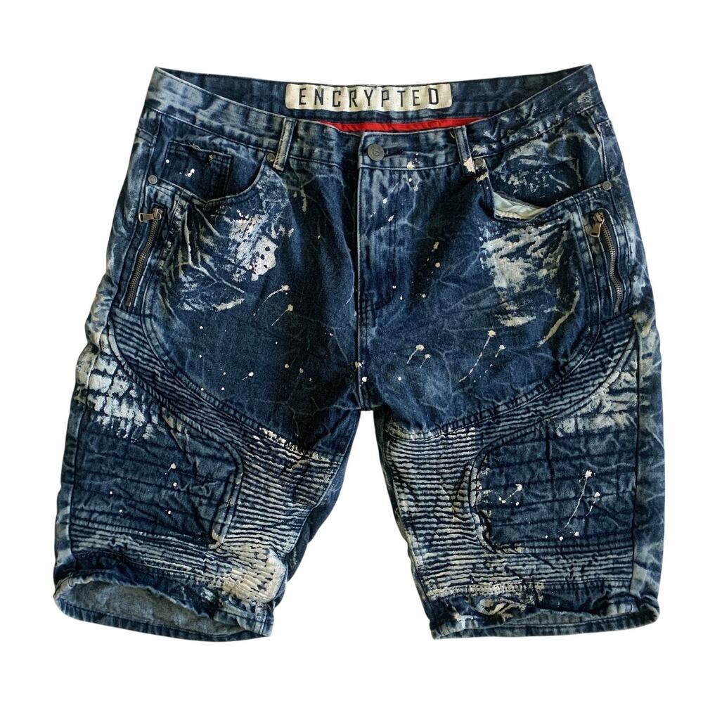 ENCRYPTED Menβs Size 40 Paint Spatter Denim Jean Bermuda Shorts